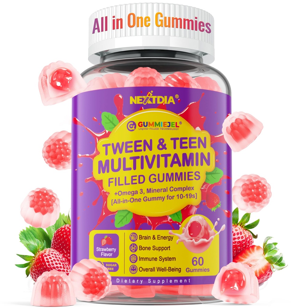 Nextdia Multivitamin Informed Gummys for Teen Boys 12-17, 18, 19, Kids 10+ Multivitamin with Omega 3, Calcium + Magnesium + Zinc, 青少年10-19S 脑,骨,能源,免疫的多矿工
