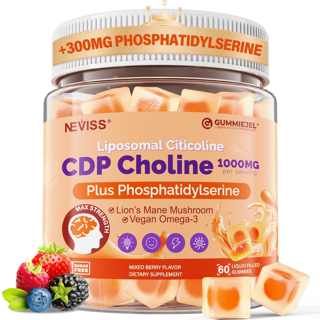 Citicoline 1000mg & Phosphatidylserine 300mg 补充 CDP Choline Gummys, 记忆和焦点的大脑补充 W/狮子的玛内蘑菇, Omega-3, 甲基folate, B6 & B12, Non-GMO, Sugar Free, 60ct