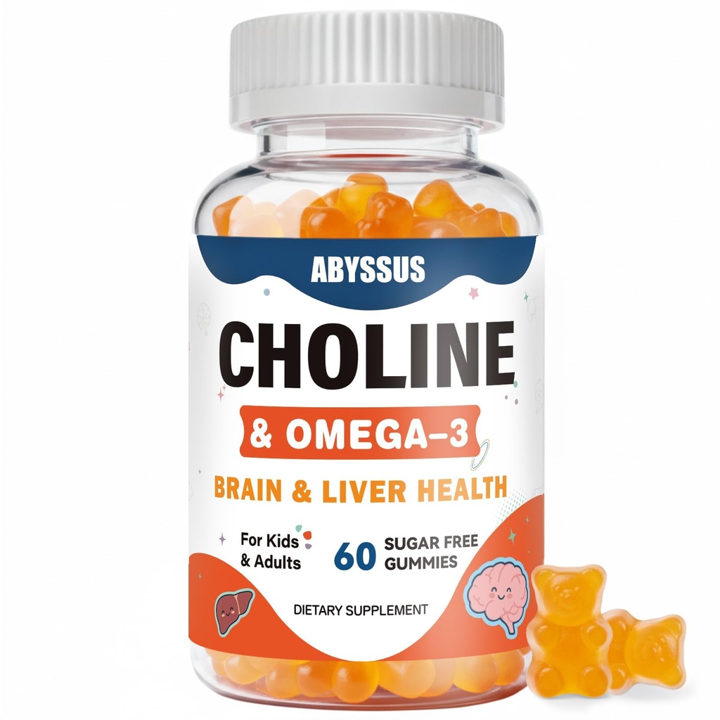 ABYSSUS Choline Gummys for Kids & Adults, Sugar Free Choline Bitartrate 补充 Algal Omega-3 DHA EPA & Active B6 B12, Brain & Liver Supports, Vegan, 60 Counter (英语).