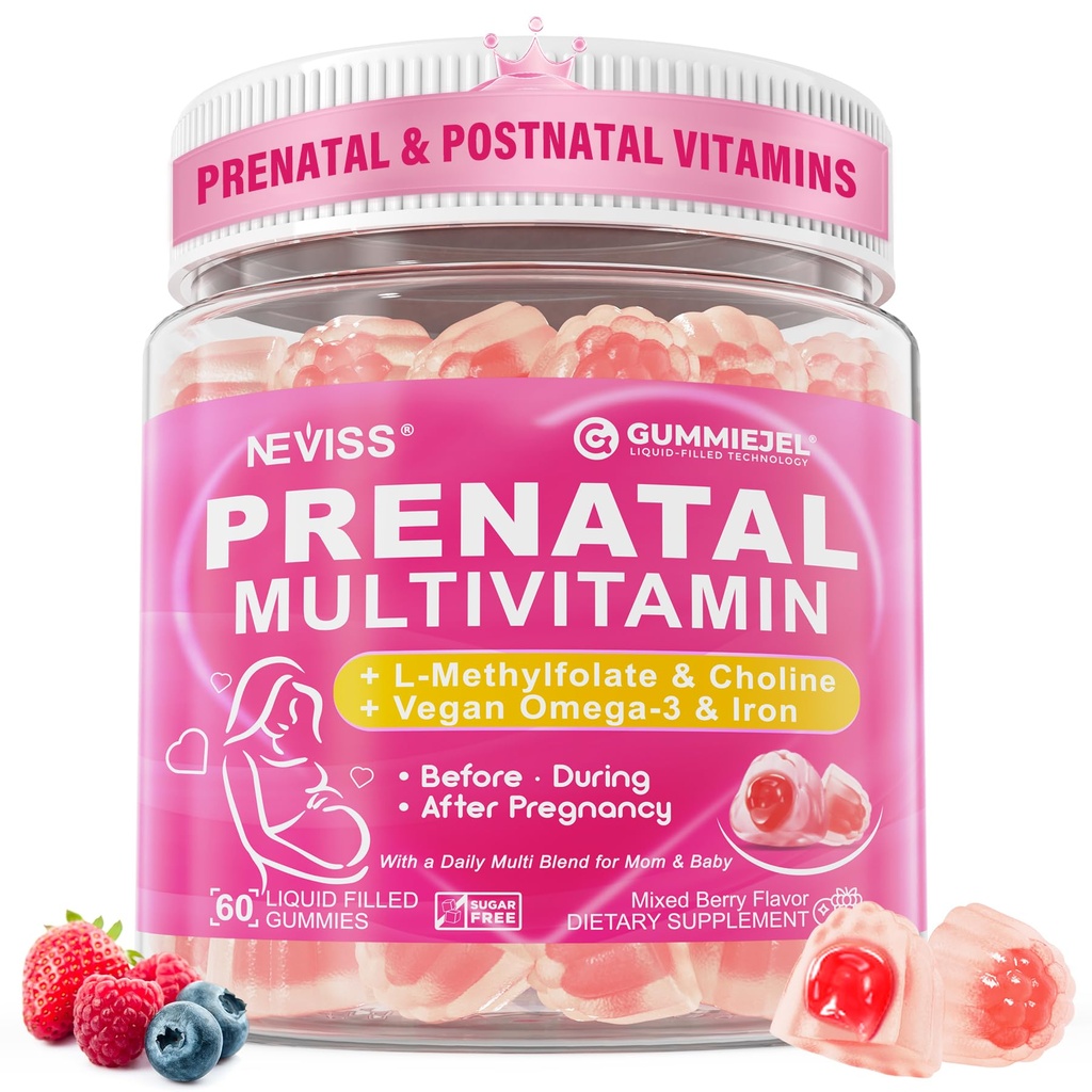 妇女产前维生素(多维生素Gmmies w/甲基folate 1mg),Choline Omega-3(DHA+EPA) 铁,妇女产后维生素(XX) 孕前、孕前和孕后,Sugar Free,Vegan,60Cts