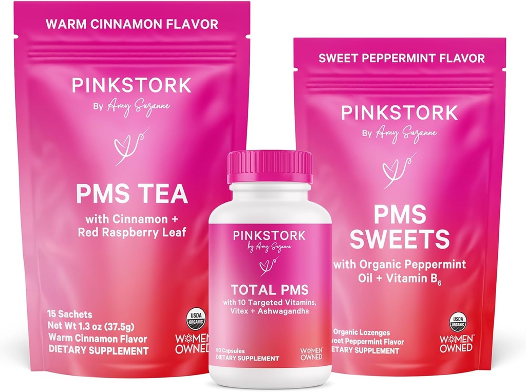 Pink Stork PMS 支持三重奏:期间救济补习,肉桂茶,+辣椒薄荷糖,月经支持,初期 Kit,Hormone平衡健康月经周期,女性拥有