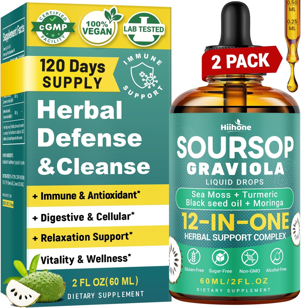 HIIHONE (2 Pack) 12in-1 Soursop Bitters 液滴与海蚊,黑种子油,莫林加用于细胞支持和再生,豁免,活体,古特和抗氧化剂 - 2 Fl Oz