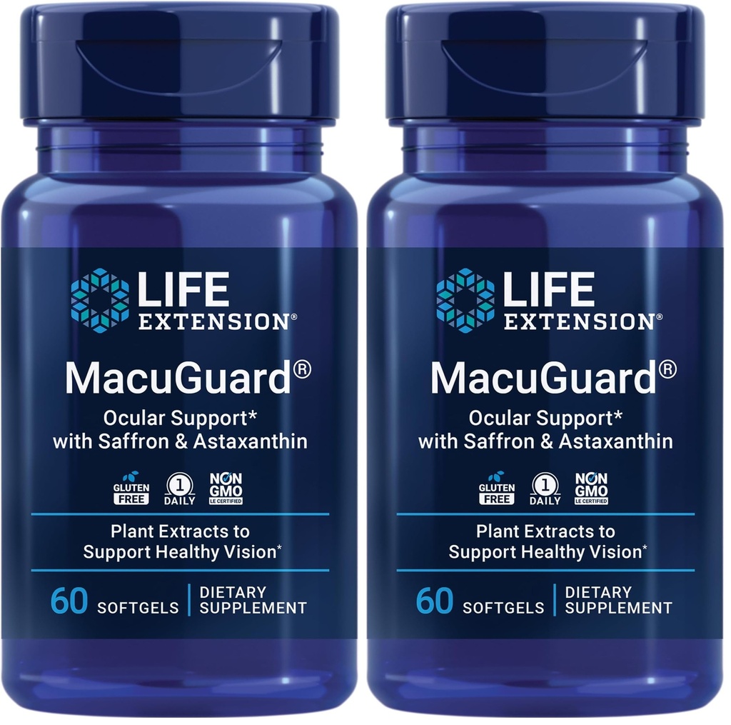 生命扩展 MacuGuard 望远镜支持 Saffron & Astaxanthin – 健康视野眼健康补充 – 与 Lutein, Zeaxanthin, Meso-zeaxanthin – Gluten-free, Non-GMO – 60 软胶