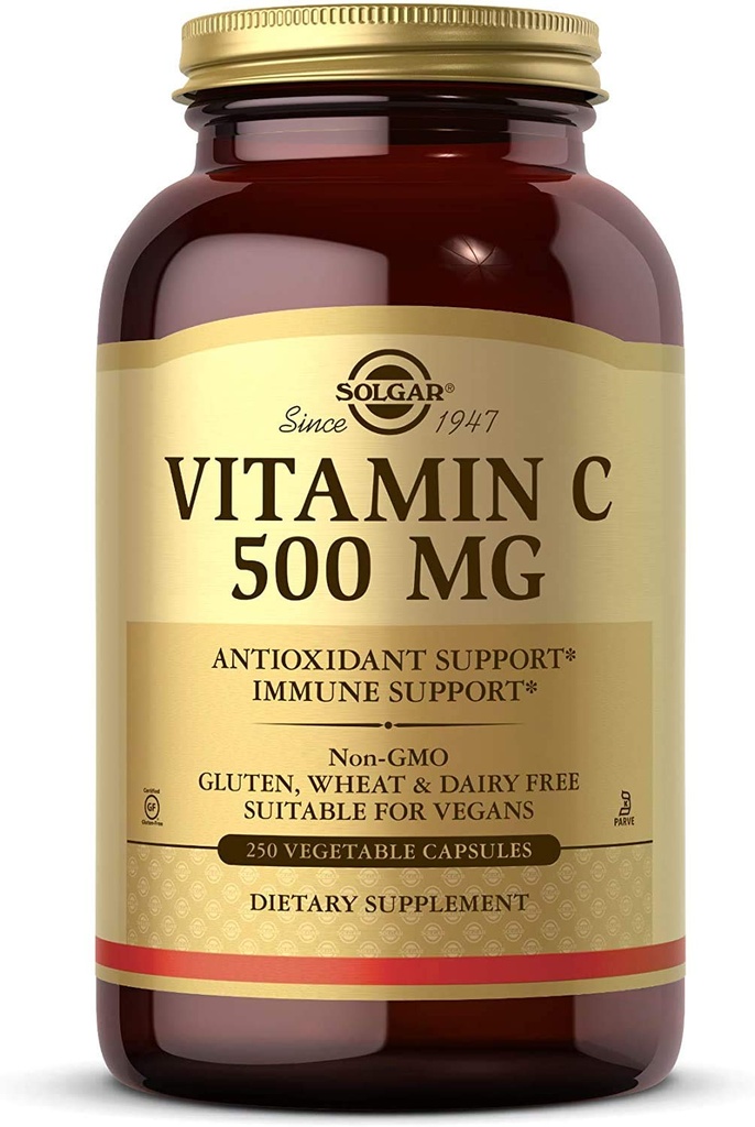 Solgar Vitamin C 500 mg, 250 蔬菜罐头 - 抗氧化剂和免疫支持 - 总体健康 - 支持健康皮肤和联合体 - 非GMO, Vegan, Gluten Free, Kosher - 250 服务