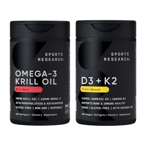 多维他命包装-Omega-3 Krill Oil 500mg w/Choline, Phospolipids & Astaxanthin 和 Vitamin K2 & Vegan D3 5000iu 与椰子 MCT Oil-非GMO → Gluten Free