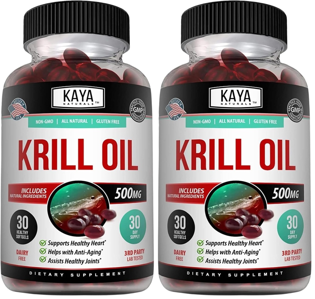 Kaya Naturals - 南极克里尔油500mg 配 Omega 3, EPA, DHA, Phospolipids & Astaxanthin 补充 - 大脑与健康维他命 - 抗衰老补充 - 30 Count Softgels (Pack of 2)