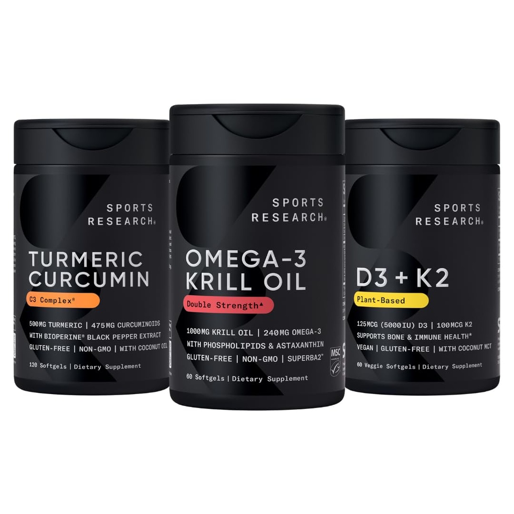 运动研究 南极磷脂油 Omega 3 1000 mg(含磷脂,Choline & Astaxanthin),Turmeric Crucumin C3 复合体(含Bioperine Black Pepper & Coconut Oil)和植物基维生素D3 + K2
