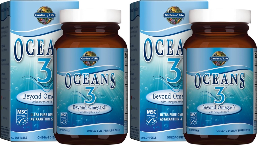 生命海洋花园3号,Omega-3号,与OmegaXanthin合著,美国环保局,DHA补编,鱼油1200毫克Omega 3号,Astaxanthin & Brown Seaweed Extract - 60 Softgels, (Pack of 2)