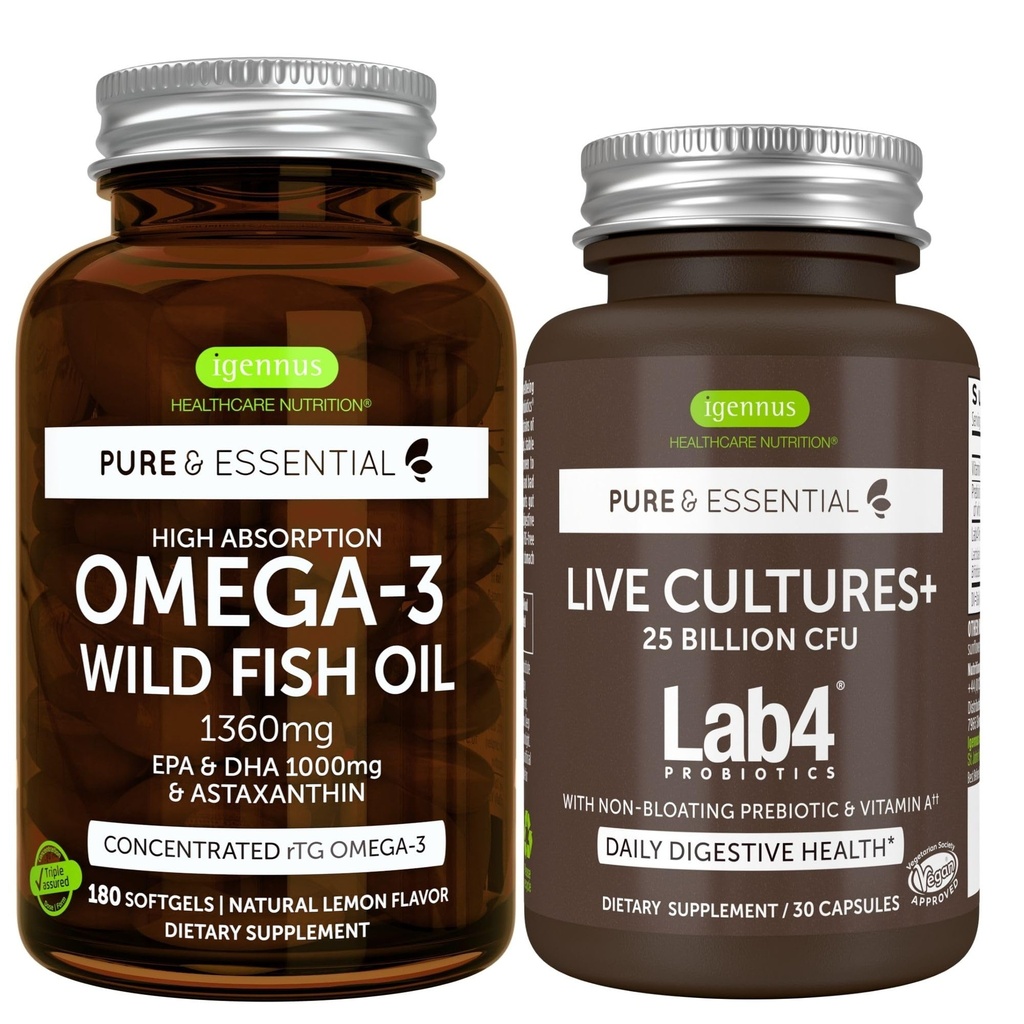 纯净和基本高度吸收 Omega-3 野鱼油 1360mg + 活文化+ Lab4 Probiotics Bundle, 1000mg EPA & DHA 配有 Astaxanthin + 25亿 CFU 酸性杆菌和比菲多菌