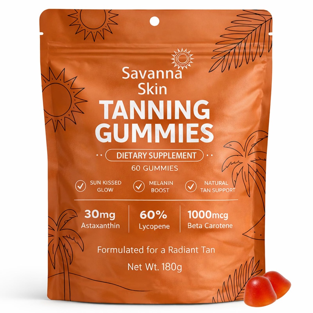 Savanna Skin Tanning Gummys, 配有维生素C & E, Astaxanthin, Beta Carotene, 皮肤辐射和水分 天然外观 Glow, Bronzing, Non-GMO, Vegan & Sugar Free - 60 Count (1)