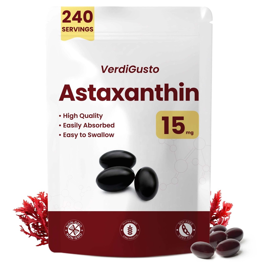15mg Astaxanthin → 240 Softgels → Astaxanthin 补充 → 8个月供应 → 抗氧化剂支持,眼和皮肤健康 → 内部循环 → 非GMO,无糖,无豆
