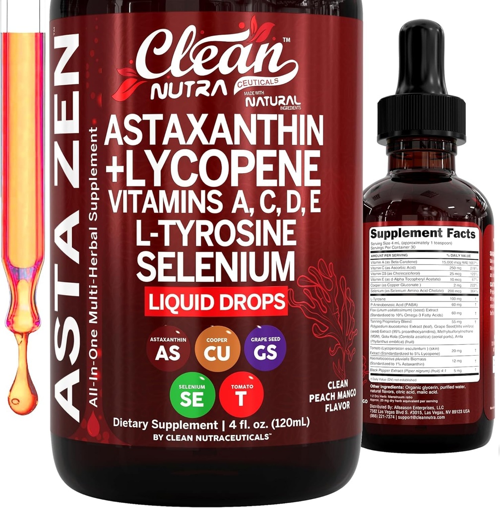 清洁的Nutra Astaxanthin Lycopene液体滴入支持维生素 A C D E 4 fl oz – Potent Natural D3 C E A & Selenium L-Tyrosine公式 纯抗氧化剂 混合强化营养素摄入