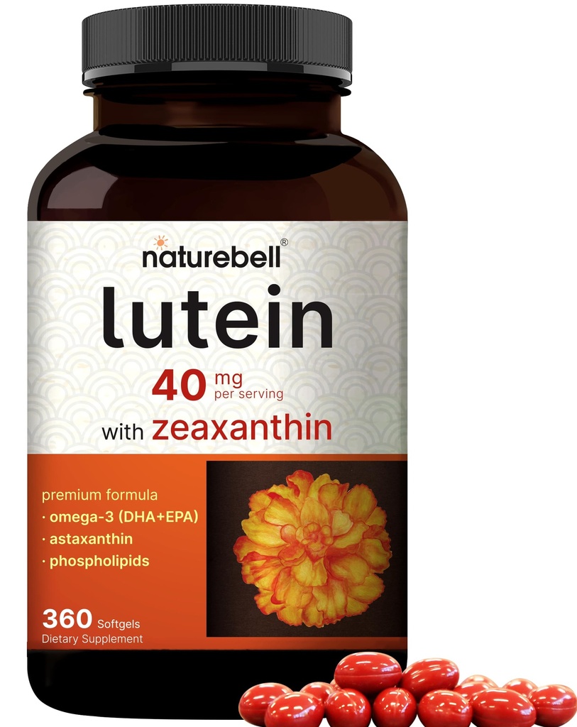 Lutein 40mg + Zeaxanthin 1,600mcg , 360 Softgels → 4-in-1 配有 Astaxanthin, Omega-3 和 Phospolipids → Marigold Flower 提取 + 支持眼,脑和视觉健康 → + 非GMO, Gluten Free