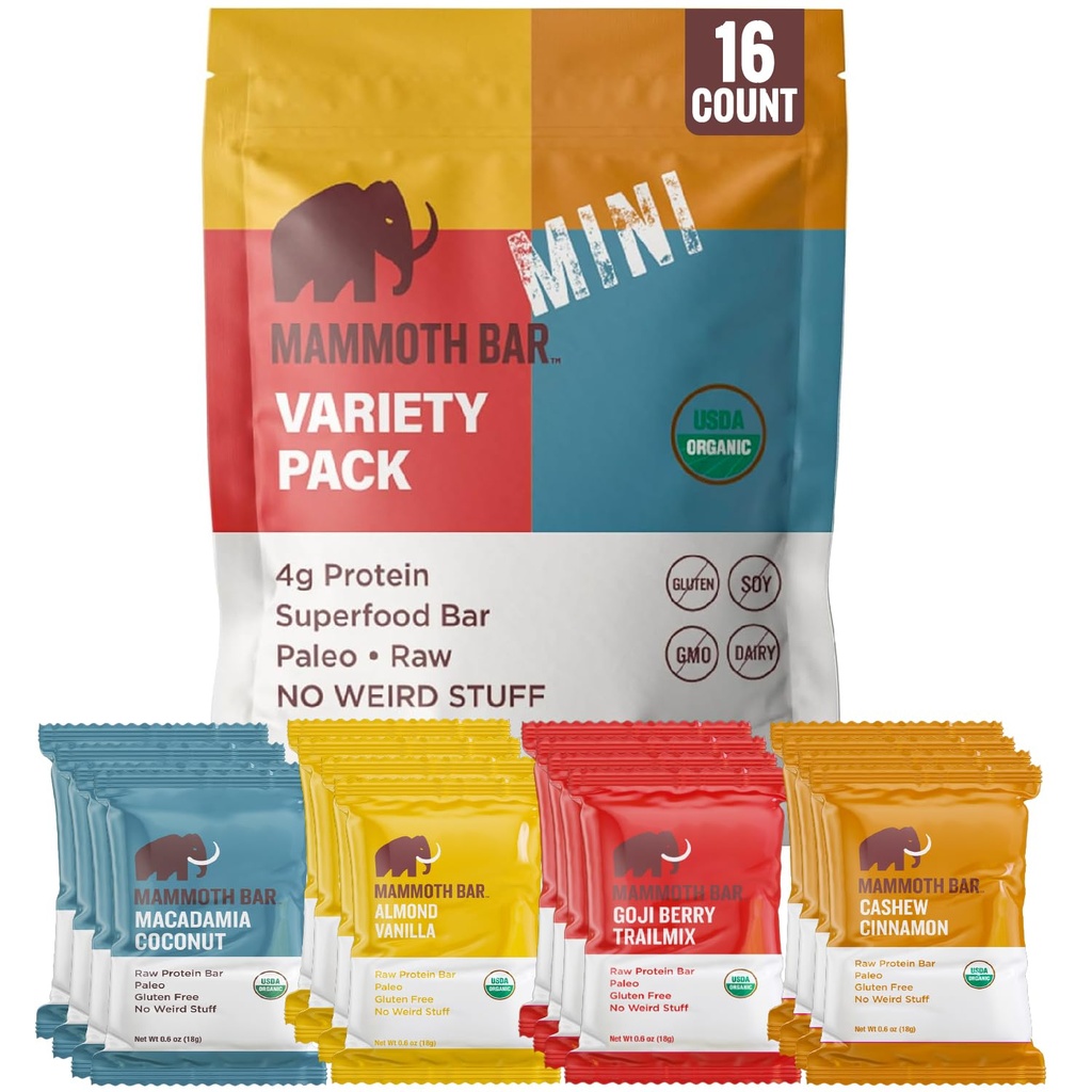 Mammoth Bar Mini - 我们的小型有机蛋白棒的品种包 - 用Premium Nuts & Egg White Protein制造 – 有机体 • Paleo • Gluten Free • GMO Free • Raw - 16个小型蛋白棒