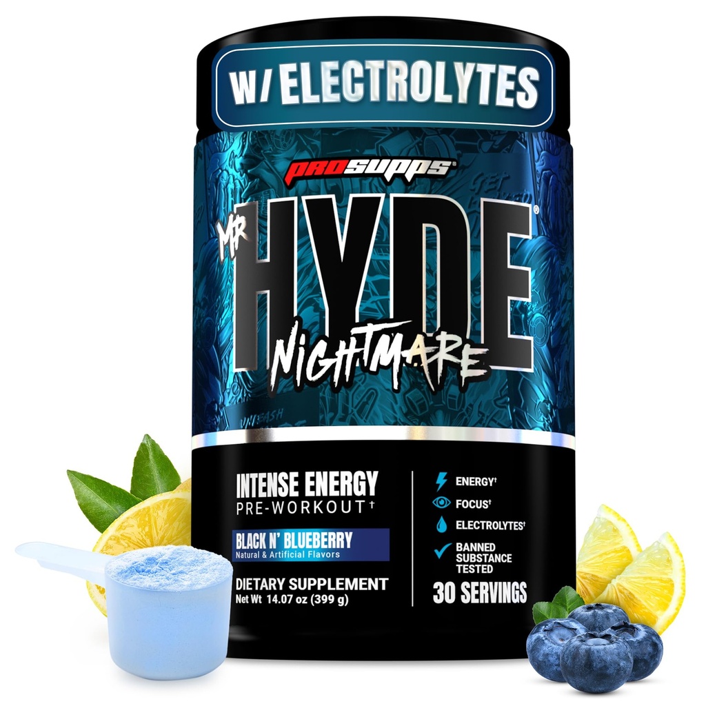 ProSupps Hyde Nightmare先生 与咖啡因和Beta Alanine一起工作前粉 - 强化能源、精神焦点和性能的预研 - 健身和健身补充品(Black N'Blueberry,30名服务员)
