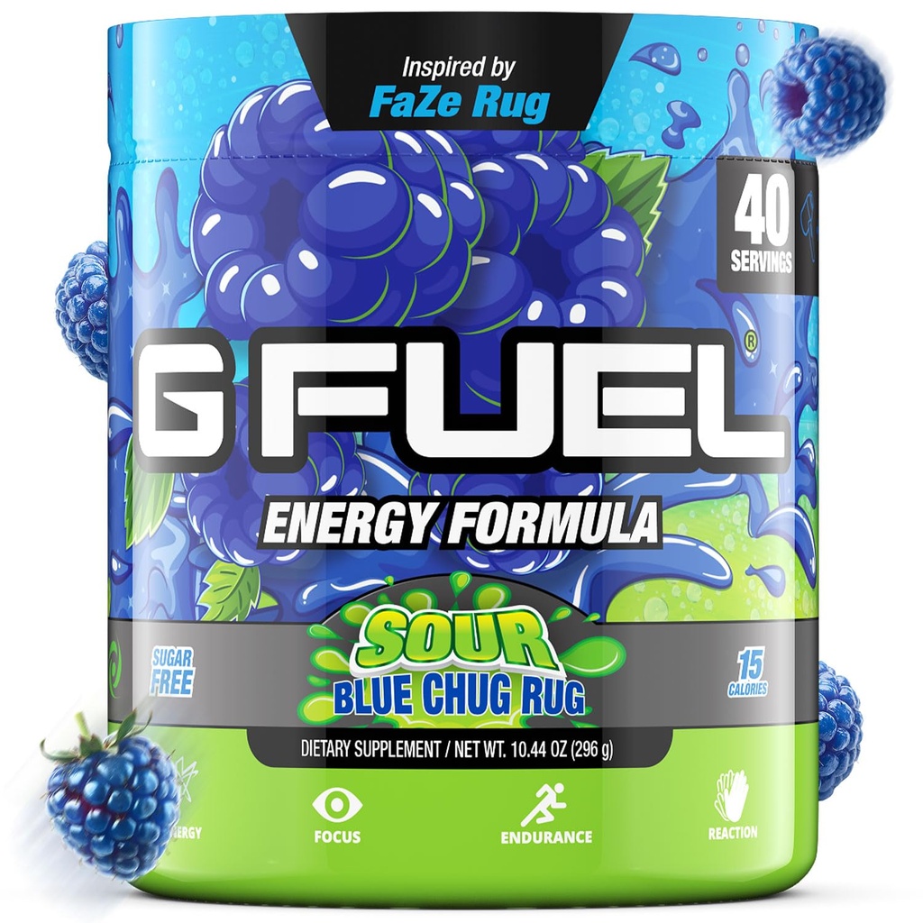 G Fuel Chug Rug Energy Drink Powder,预研咖啡因混合剂用于赌博,无糖聚焦氨基,维生素+抗氧化剂,10.44oz(Sour Blue Raspberry,40 services)