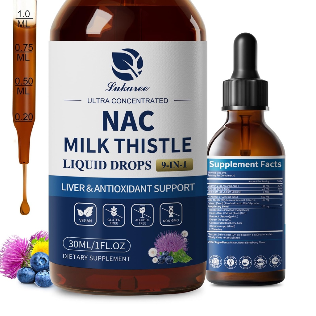 Lukaree Liposomal NAC 补充 N-Acetyl-L-Cysteine 600mg 与牛奶硝酸盐 - NAC 氨酸滴 W/Selenium 用于肝和肾支持 *,肺,抗氧化剂和免疫支持 * - Vegan,非GMO-2oz