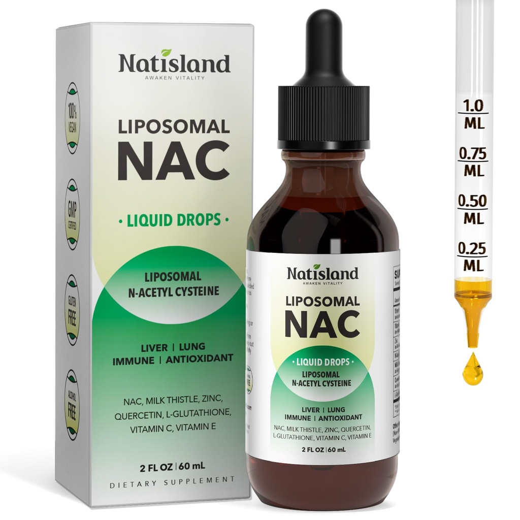Liposomal Liquid NAC Drops, NAC 补充 N-乙酰Cysteine, NAC 600 mg 配有 Milk Tetle 和 Quercetin 用于成人和孩子,liver & Lung, Imune 和抗氧化剂支持,皮肤和细胞健康, 2 Fl Oz