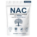 NAC 600mg 非GMO, Gluten Free, Organic NAC 配有NAD+的N-Acetyl Cysteine Capsules用于细胞和肺健康,300软胶