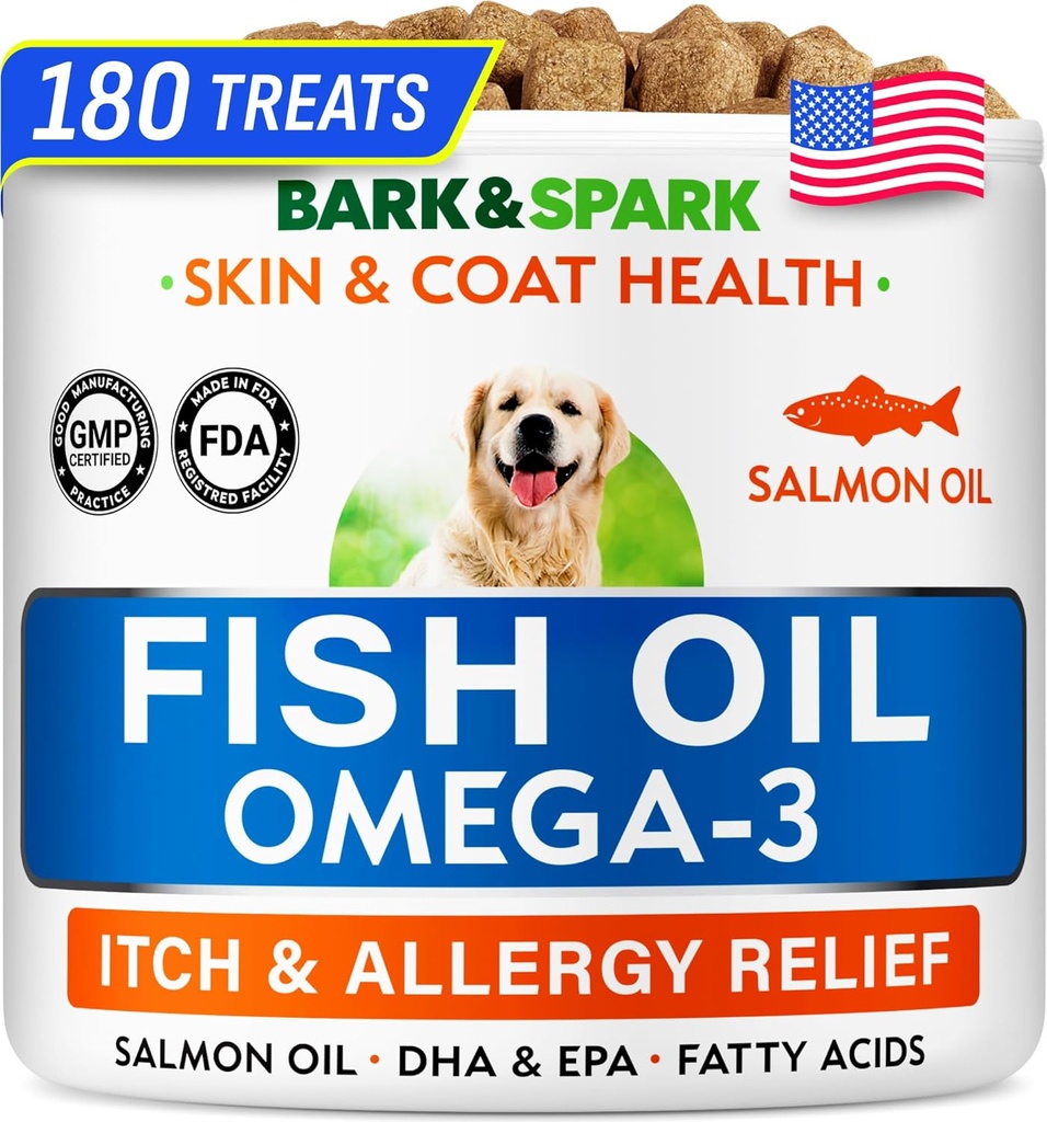 BARK&SPARK OMEGA 3 狗 - 180 鱼油处理 狗舍、皮肤过敏、节痒、热点治疗 - 联合保健 - 皮肤和煤炭补充剂 - EPA & DHA 脂肪酸 - 犬类沙门油