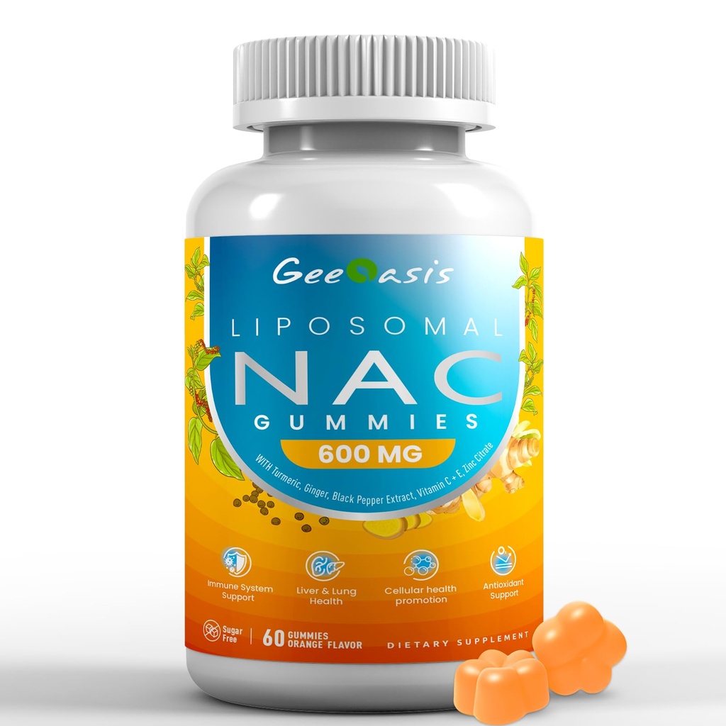 Liposomal NAC Gummys 600mg, N-乙酰Cysteine 儿童与成人补充,配有Turmeric, Ginger, Black Pepper, Immune, Liver & Lung Support, Antioxidant, 无糖菠萝 Flavor, 60 Counts