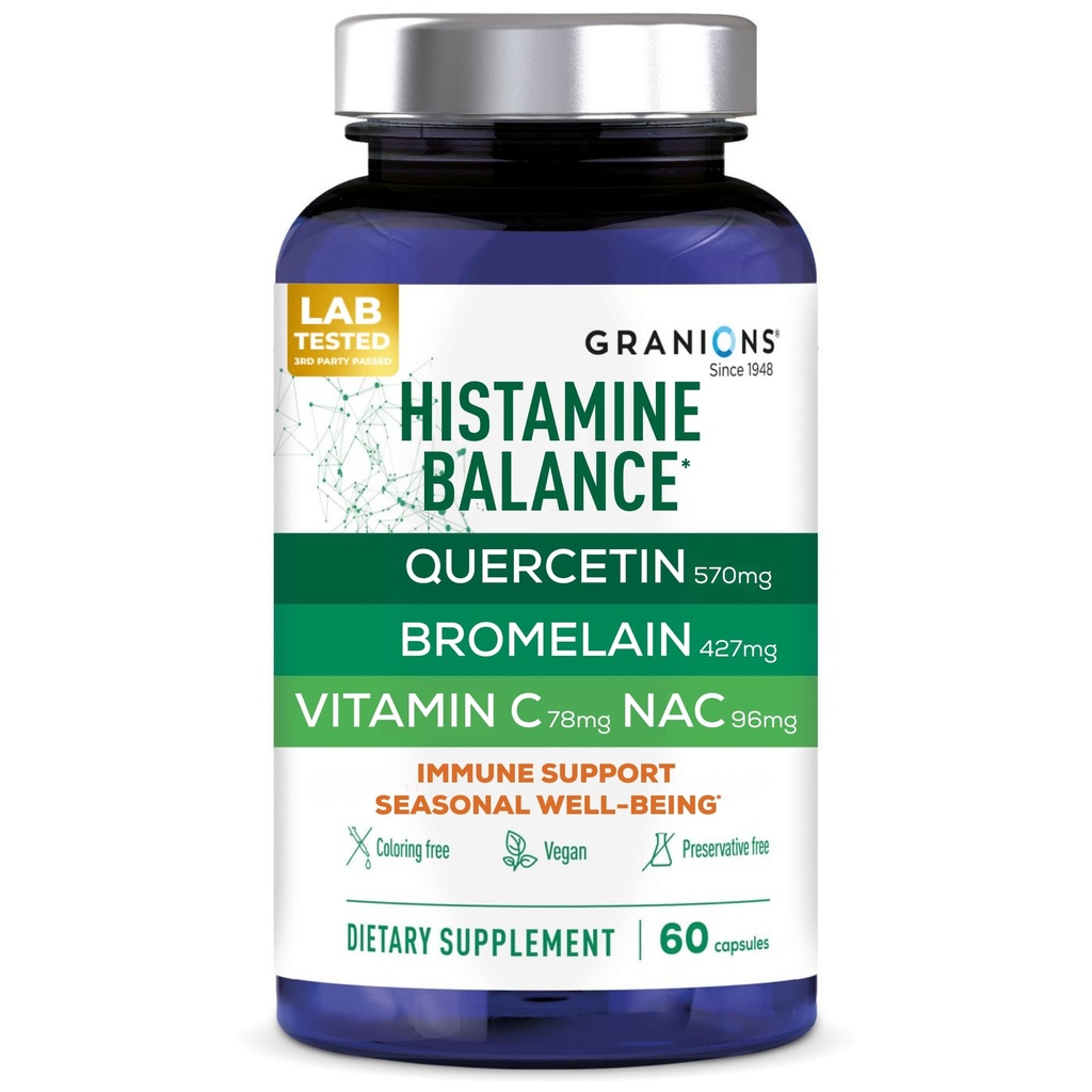 Granions Histamine 平衡综合体-与布罗梅兰、NAC和维生素C的奎尔西丁-D-Histal Seasonal Histamine Blocker & Immune 成人和儿童支助补充物-60 Vegan Capsules