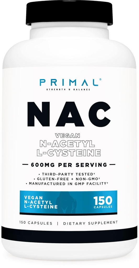 Primal N-Acetyl L-Cysteine(NAC) 600mg, 150 Capsules - Vegan N-Acetyl L-Cysteine 补编, GMO-无 Gluten-无
