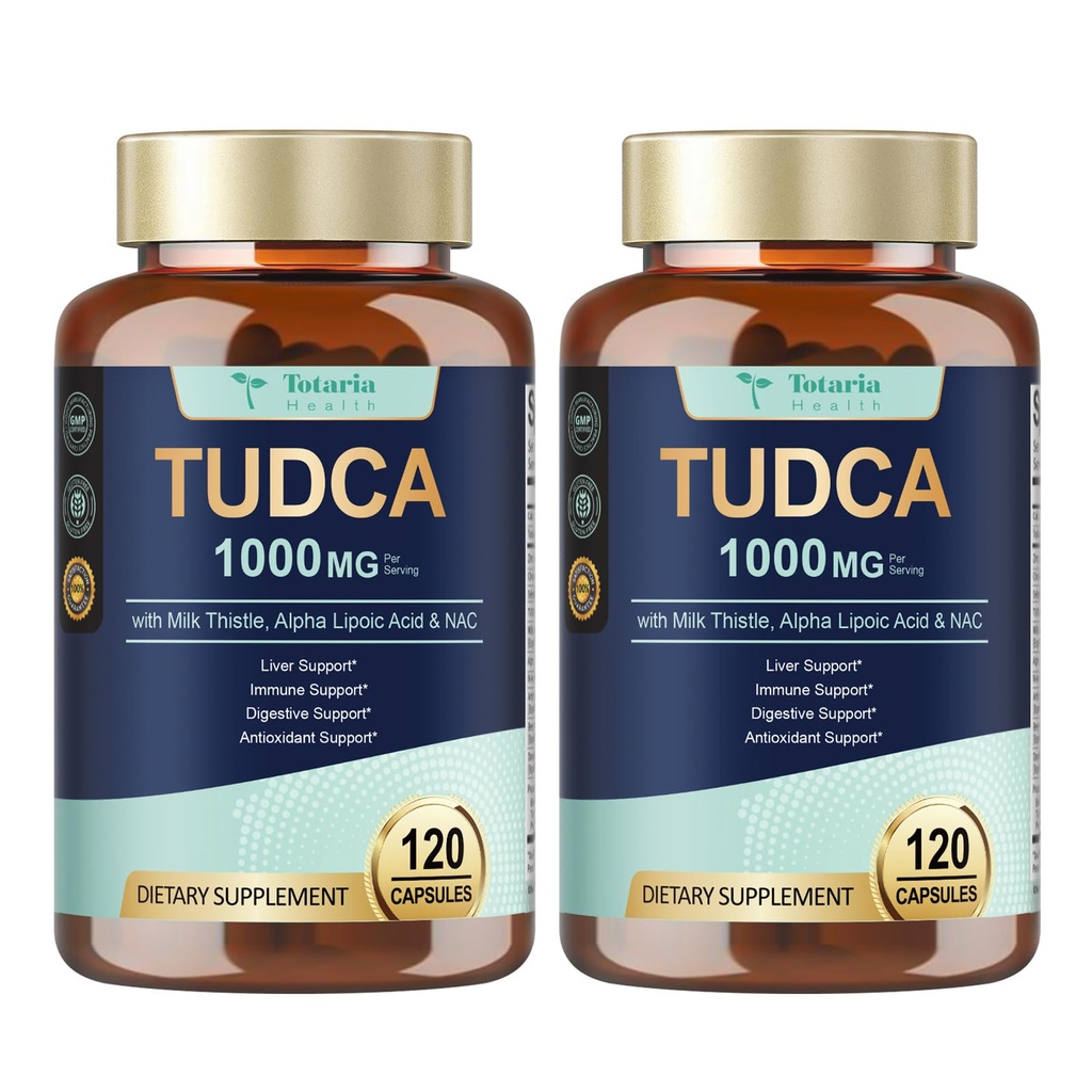 Totaria 2 Packs TUDCA 1000mg 肝脏支持补充剂,配有牛奶硝酸盐, NAC, ALA, 80% Silymarin, 15-in-1 额外强力比勒盐