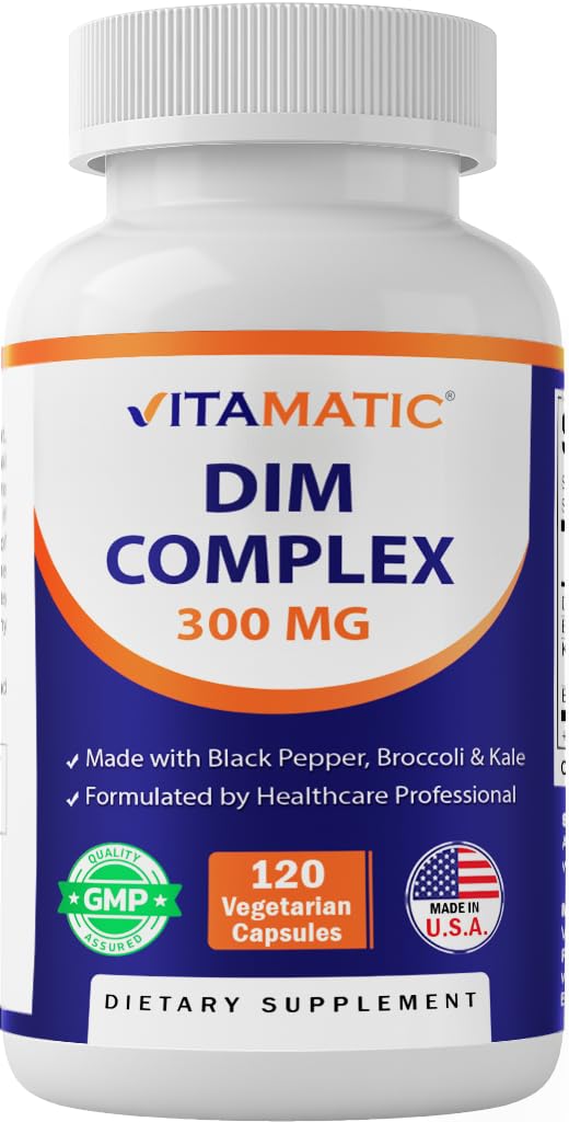 女性和男性的Vitamatic DIM Supplement Complex - 300mg - 120 Veg Capsules - 用黑辣椒,棕榈粉和卡莱粉制作 - 非GMO和Gluten 免费 - 支持激素平衡