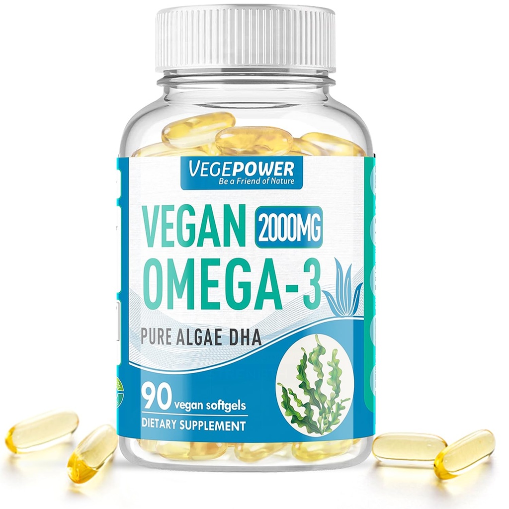Vegan Omega-3 Algae DHA 补充剂 - 2000mg Algae Oil,植物前 Algal DHA, 90 Carrageenan Free Softgels - 可持续鱼油替代支持 大脑,心脏,眼睛,联合健康
