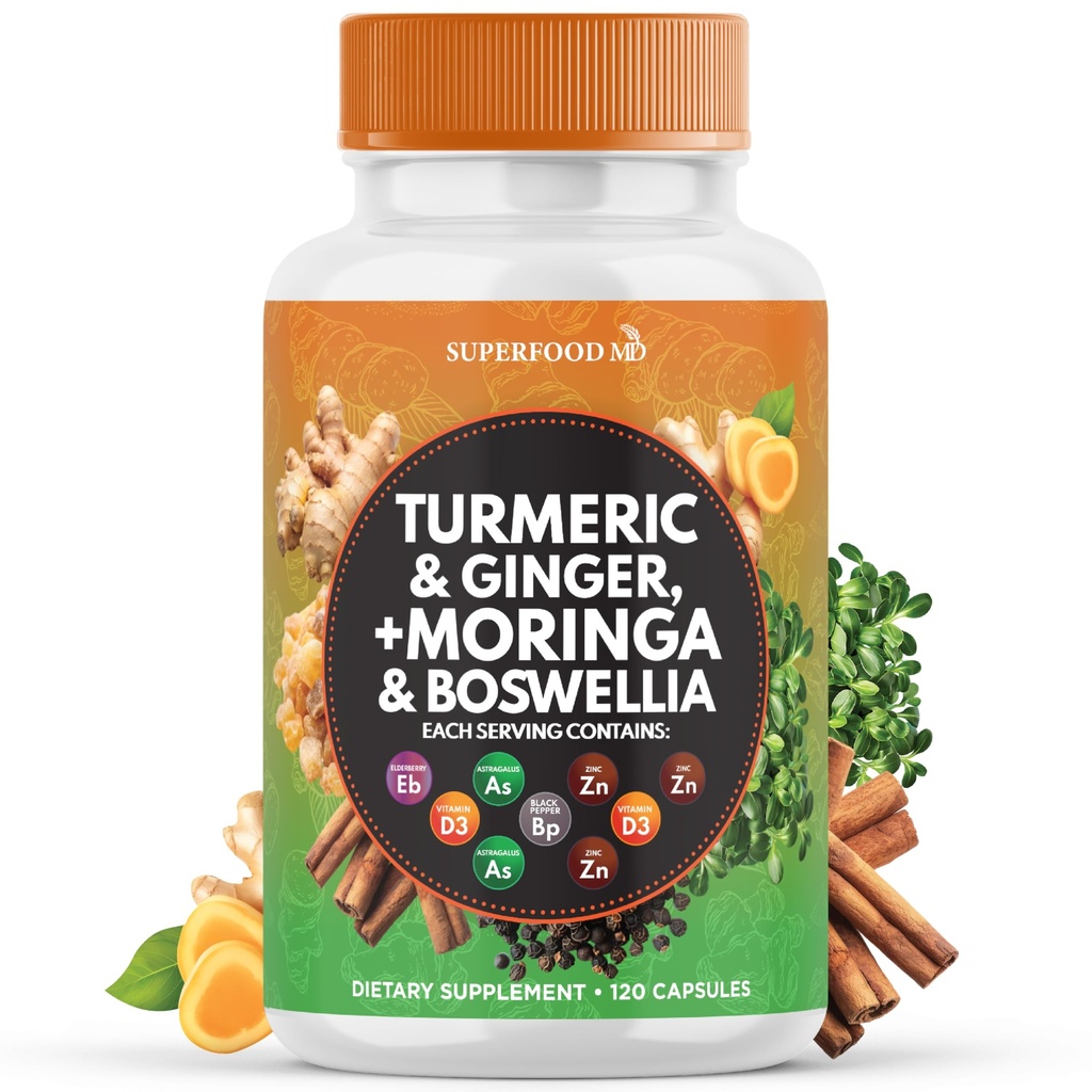 Turmeric Moringa Supplement QQ 姜, Boswellia, Saffron, Holy Basil- 联合支持 锡兰肉桂的男女 Quercetin, Tart Cherry - 120 伯爵