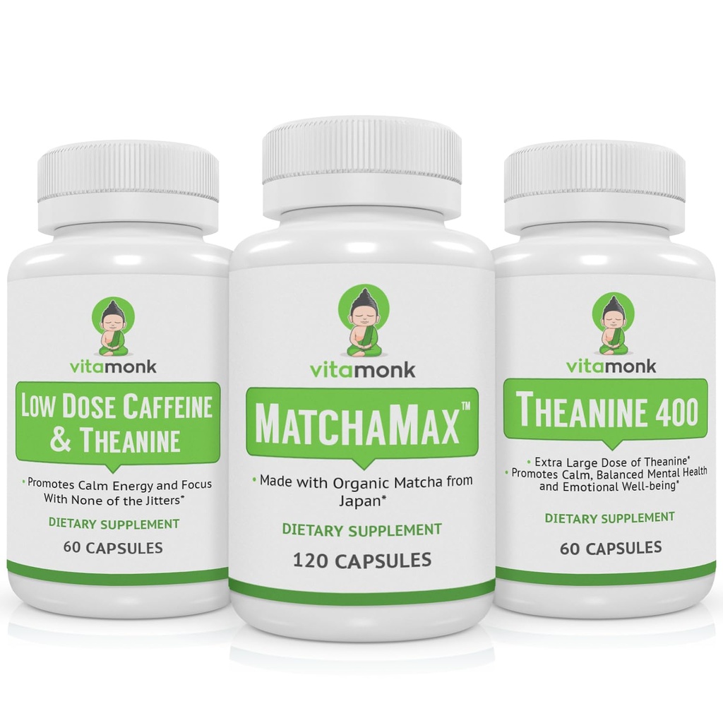 VitaMonk Matcha, 低剂量咖啡因和Theanine Bundle - 冷静, 聚焦能源, 没有焦点