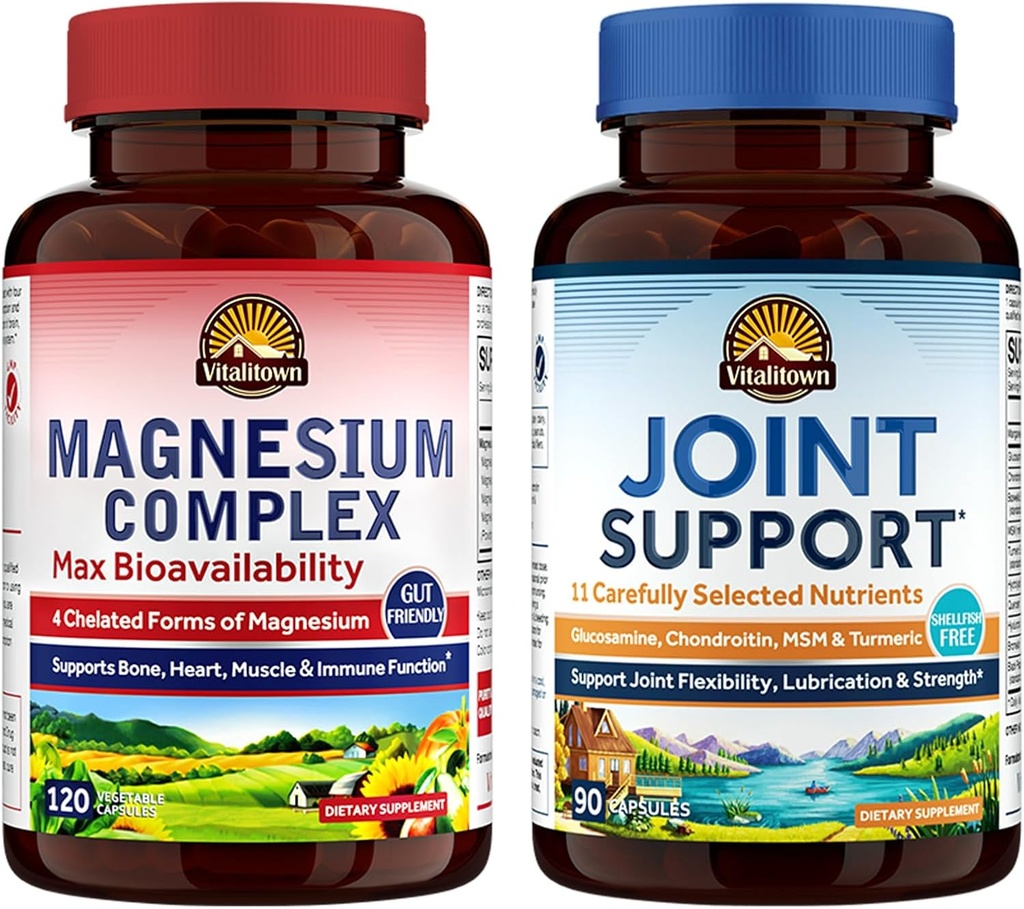 Vitalitown Magnesium + Glucosamine Chondroitin MSM Bundle (Pack of 2) + 镁复合体(项目1) + 联合支持* (项目2) + 120 镁胶囊和 90 联合胶囊