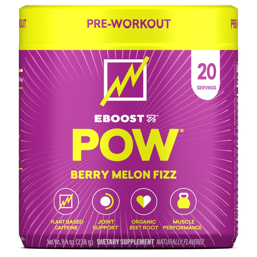 EBOOST POW 天然工作前粉 - 20种服务 - Berry Melon Fizz - 工作前补充 性能,联合流动支持,能量,焦点 - 男女 - 非GMO,无糖,无奶油