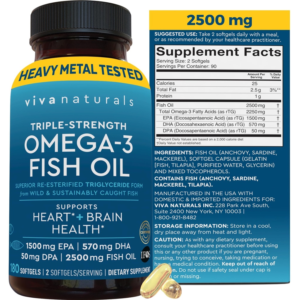 三强Omega 3 男女鱼油补充剂 — 2500 mg 高概率,易服Absorb再酯Triglyceride Form, Pescatarian-Friendly DPA EPA DHA Omega 3 补充剂,180 Softgels