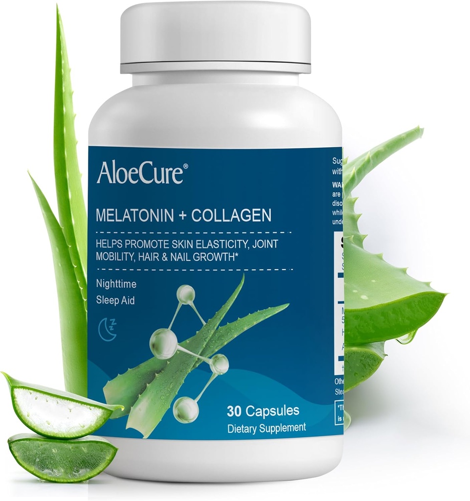 AloeCure Natural Melatonin + Collagen 与有机Aloe Vera – 休息夜的自然睡眠援助补充 – Collagen Complex 用于联合强壮,皮肤弹性,头发和钉状生长, 30 Capsules