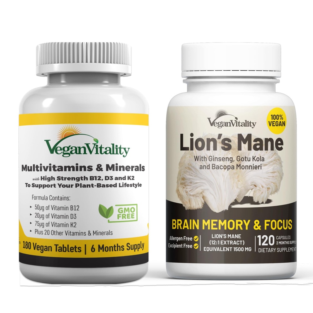 维冈维生脑营养囊(Vegan Virtuality Brain Nuotropic Capsules) - 狮子马恩·诺特罗皮卡普勒斯(Lions Mane Notropic Capsules)和维冈多维坦(Vegan Multivitamins). 为维加斯人和蔬菜人提供高强度植物补充剂,促进记忆、重点和整体健康