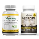 维冈维生脑营养囊(Vegan Virtuality Brain Nuotropic Capsules) - 狮子马恩·诺特罗皮卡普勒斯(Lions Mane Notropic Capsules)和维冈多维坦(Vegan Multivitamins). 为维加斯人和蔬菜人提供高强度植物补充剂,促进记忆、重点和整体健康