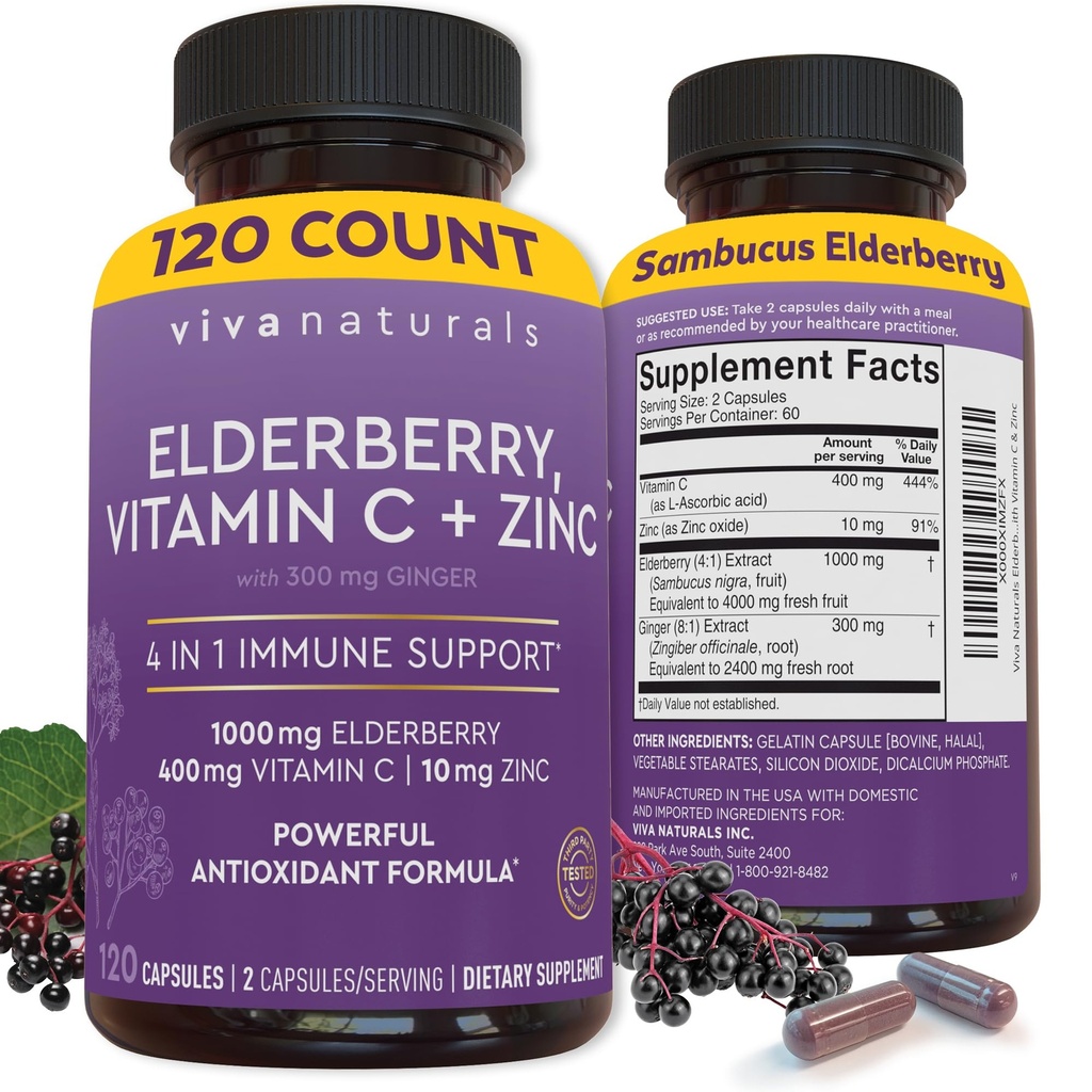 维生素C和锌(120卡普勒斯)-1,000mg Sambucus 老年莓支持补编、成年人黑老年莓卡普勒斯、老年莓维生素 -- -- 2个月供应