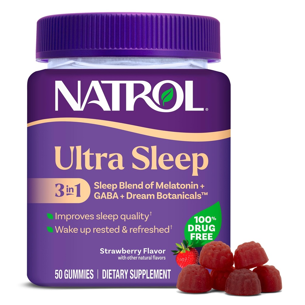 Natrol Ultra Sleep 3-in-1 100% 无药睡眠援助 与Melatonin, GABA & Botanics, 饮食补充品, 非哈比特成型, 50 Gummys