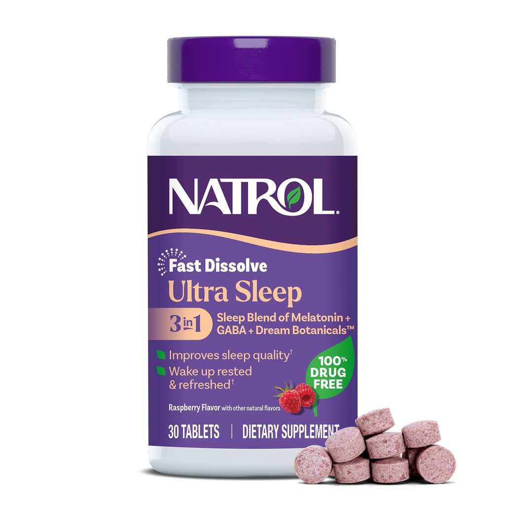 Natrol Ultra Sleep 3 - in -1 100% 无药睡眠援助 与Melatonin, GABA & Botanics, 饮食补充品, Non-Habit Forming, 30 快速溶解片