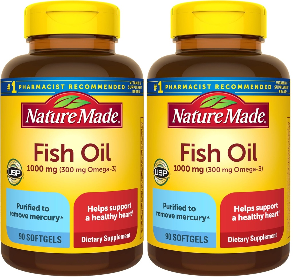 天然制鱼油 Omega 3 补充剂,1000毫克软胶,Omega 3 鱼油用于健康心脏支持,90 软胶,45天供应(包2)