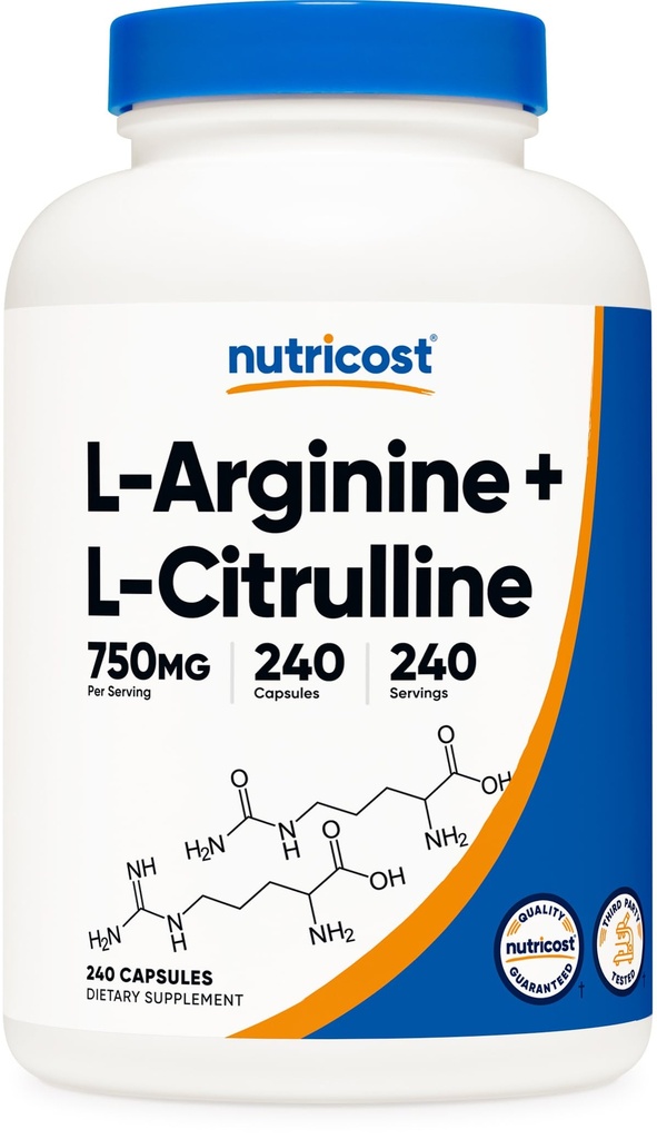 营养成本 L-Arginine L-Citrulline 综合体 750mg, 240 capsules - 非 GMO