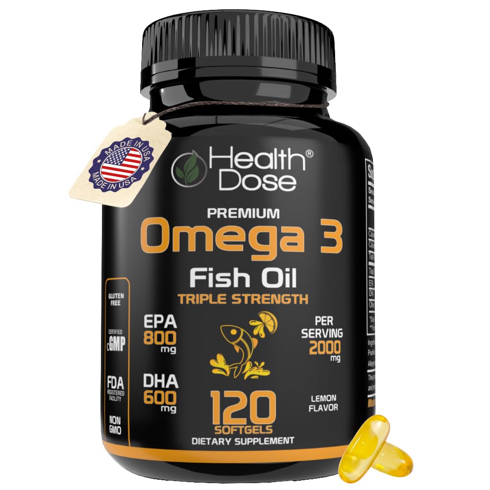 健康剂量 Omega 3 鱼油 2000mg – Lemon-Flavored Softgel 配有 EPA 800mg & DHA 600mg 用于大脑,心脏,以及健康支持 – Easy-to-Digest, No Fish Burps – 120 Softgels, 2-Month Supplication – 易向潜水,无鱼Burps – 120 Softgels, 2-Month Supplement