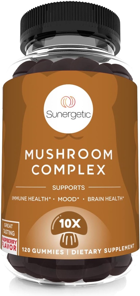 Sunergetic Premium Mushroom Gummys Supplement - 用于免疫健康,脑,Mood和压力支持 - 与Lions Mane, Chaga Expless, Reishi, Turkish Tail, Cordyceps (120 Gummys) 的蘑菇混合剂.