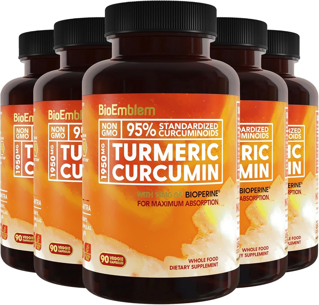 BioEmblem Turmeric Crucumin 配有 BioPerine + 联合支持和心脏健康 + 有机Turmeric Powder  & 95% Crucuminoids 提取 → 加利福尼亚州制造,非GMO, 150日供应