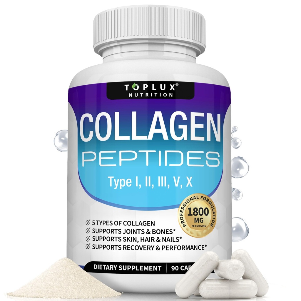 1800 Mg 复合剂 - 型号为I,II,III,V,X Premium Collagen 复合剂,用于更好的皮肤和头发,强联合剂,水解蛋白,供男性使用,90 Capsules,补编