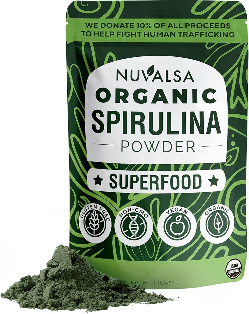 Nuvalsa有机螺旋藻粉 1lb – 100%纯纯超食品补充剂 蓝绿色藻类 非转基因生物 用于平滑蛋白饮料, Vegan & UDA 认证有机物 - 100 服务