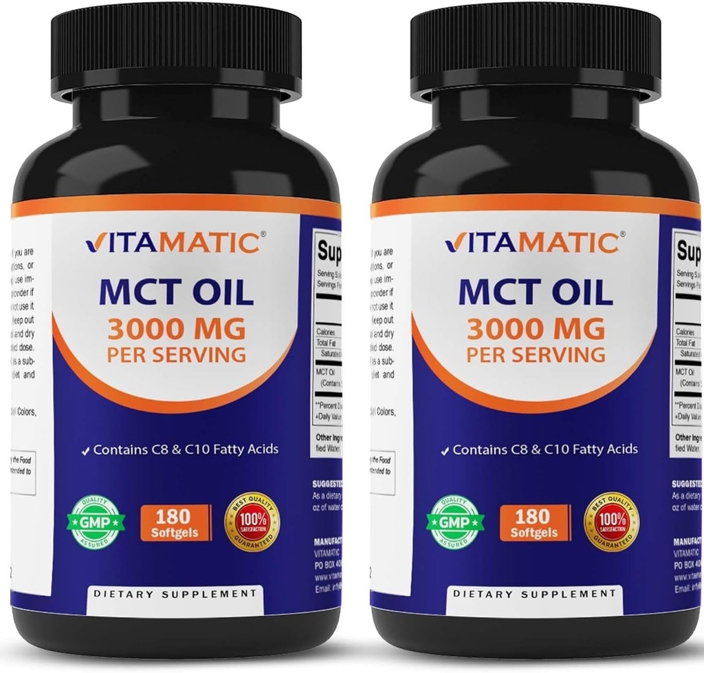 维生素2 包装 MCT 油囊每服3000毫克 - 180 软胶 - 产自椰油 - 含有55%的毛酸C8和40%的毛酸C10(总计360 软胶)