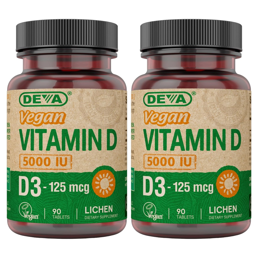DEVA 维生素 D35000 IU,阳光补充剂,125 mcg of Vegan D3,90-Count Bottle (Pack of 2)